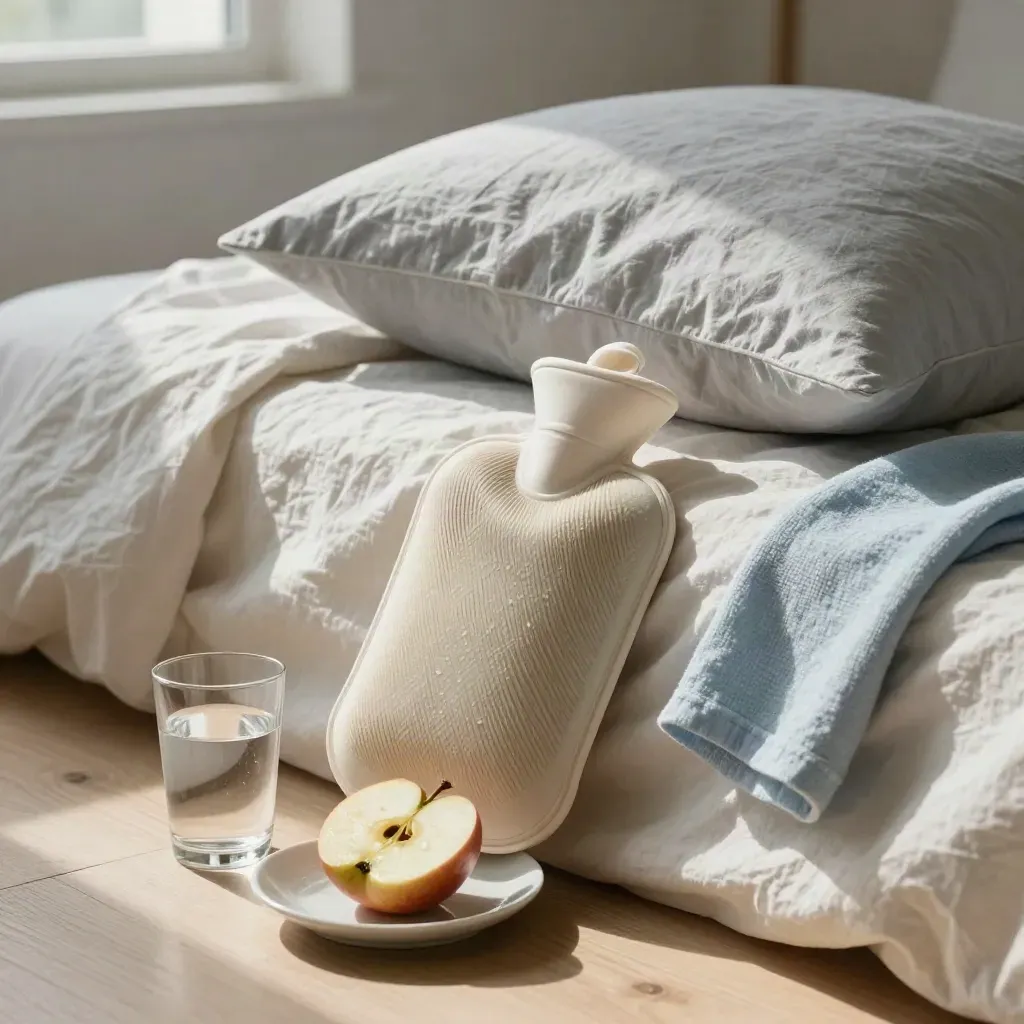 Camera da letto con borsa termica, bicchiere d’acqua, mela tagliata e coperta stropicciata.