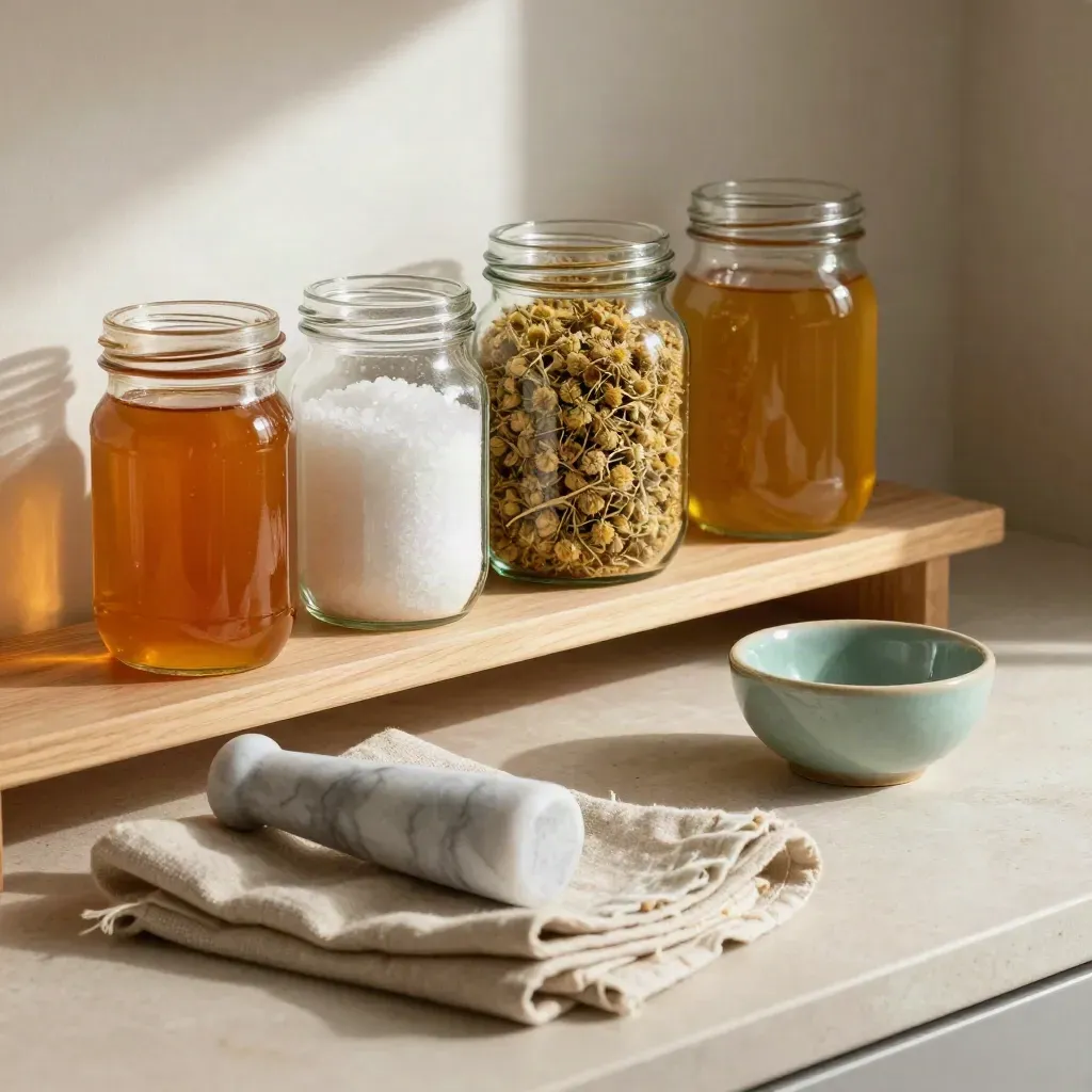 Ripiano di cucina con miele, sale, camomilla, pestello in marmo e panno di lino.