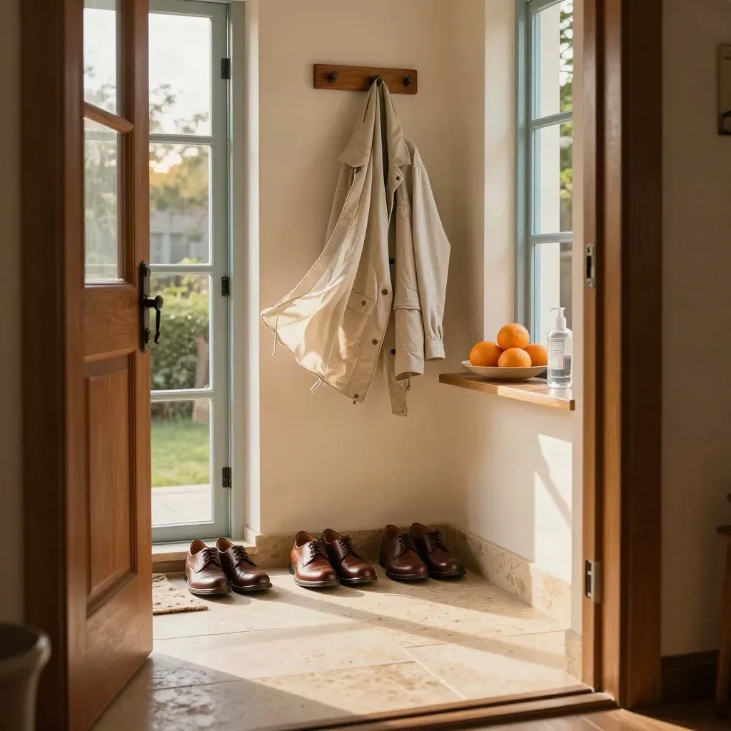 Ingresso di casa con scarpe, giacca, arance e flacone trasparente vicino a una finestra socchiusa.
