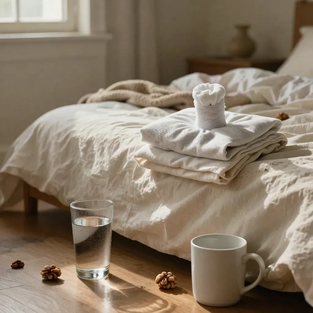 Letto disfatto con impacco freddo, bicchiere d’acqua, tazza vuota e pigiama ai piedi del letto.