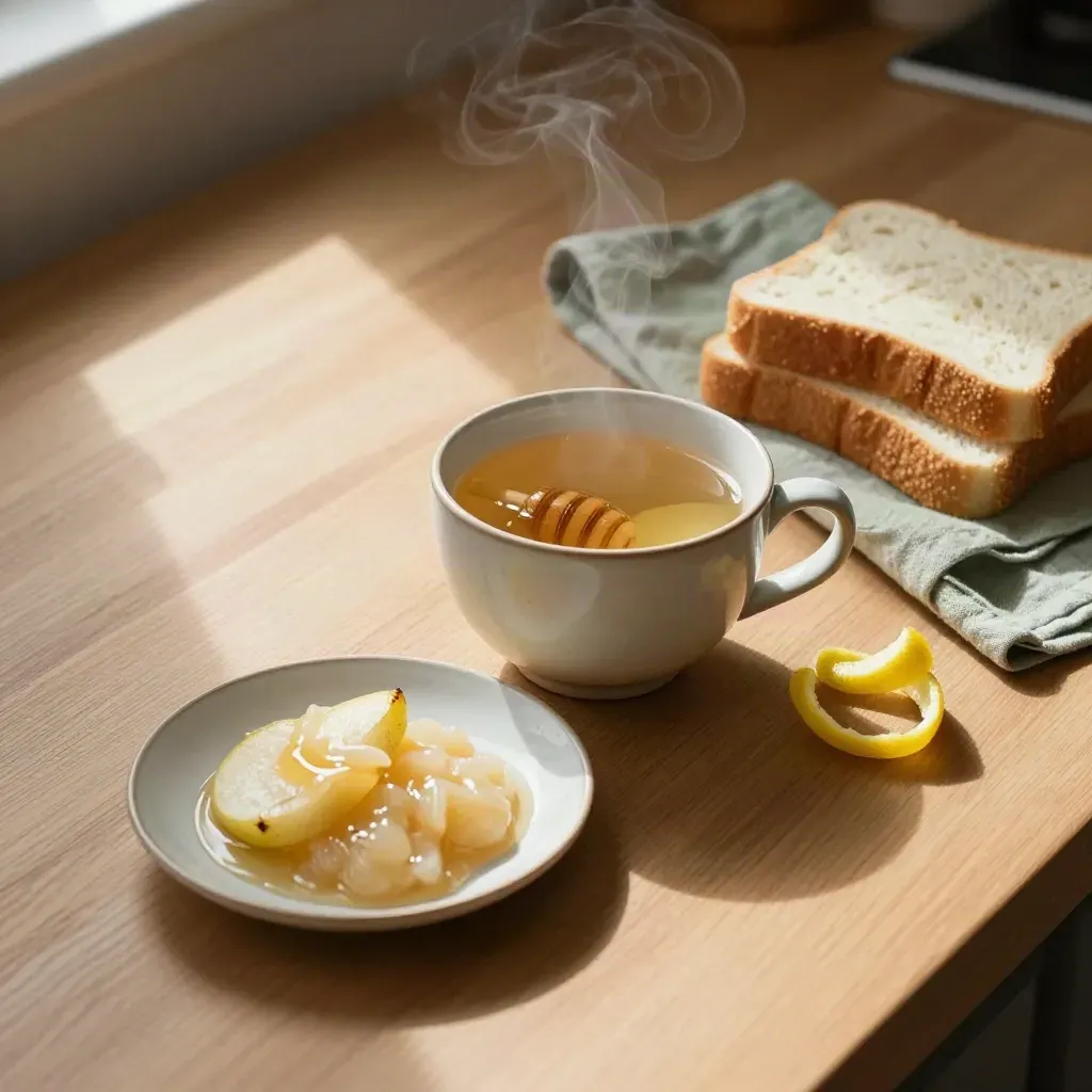 Tavolo di legno con tazza d'acqua tiepida, miele, limone, cibi morbidi e lino, luce drammatica
