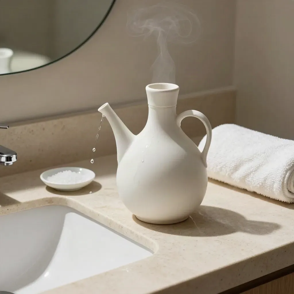 Neti pot in ceramica, sale e asciugamano accanto al lavabo con acqua in movimento.