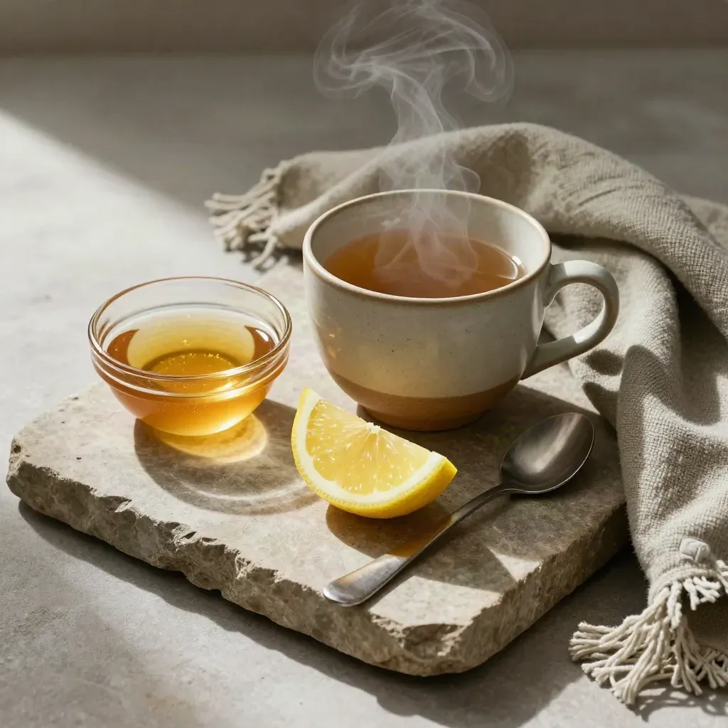 Tazza di acqua tiepida con miele, limone, cucchiaino e sciarpa su pietra, con vapore.
