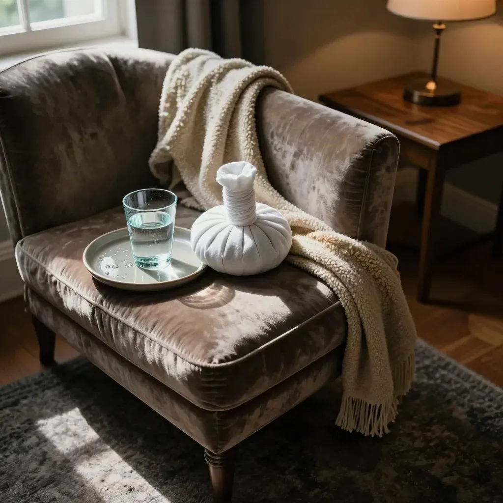 Salotto semibuio con impacco freddo, bicchiere d'acqua, coperta morbida e poltrona vuota.