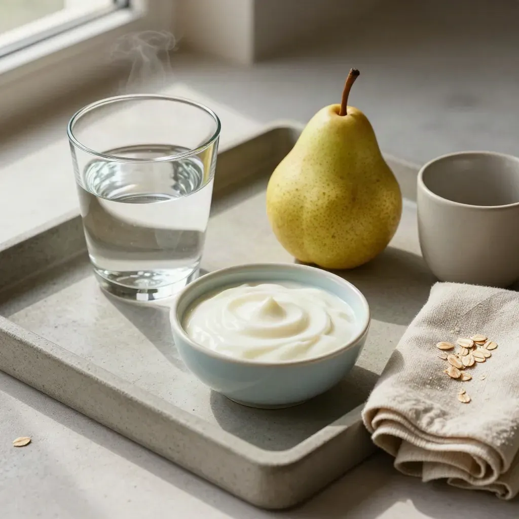 Vassoio mattutino con acqua, pera, yogurt, tazza e tovagliolo piegato su pietra chiara.